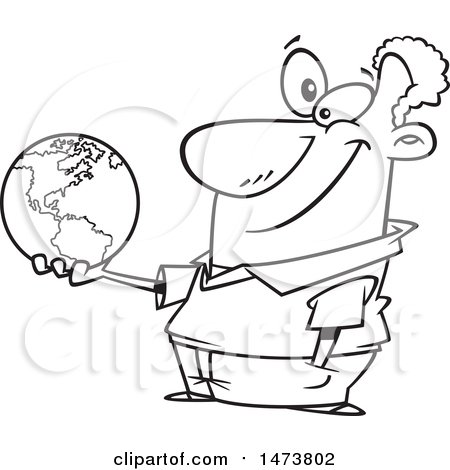 Clipart of a Cartoon Lineart Male Teacher Holding a Globe - Royalty Free Vector Illustration by toonaday