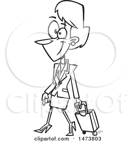 Clipart of a Cartoon Lineart Female Flight Attendant Walking with a Rolling Suitcase - Royalty Free Vector Illustration by toonaday