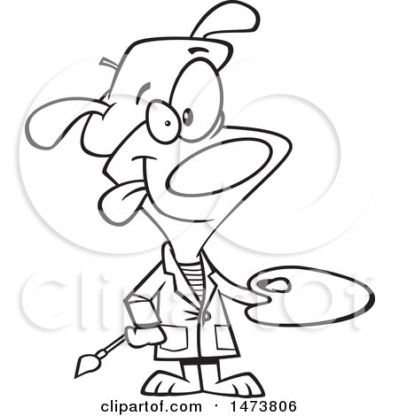 Clipart of a Cartoon Lineart Dog Artist Painter Holding a Palette - Royalty Free Vector Illustration by toonaday