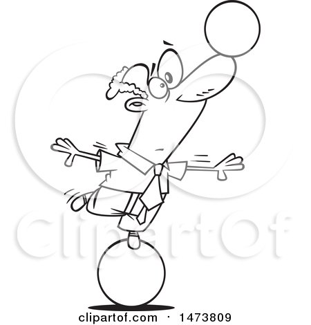 Clipart of a Cartoon Lineart Business Man on a Ball, Balancing Another on His Nose - Royalty Free Vector Illustration by toonaday