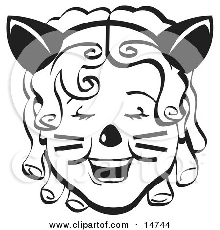Retty Curly Haired Girl Wearing A Cat Eared Headband On Halloween Black and White Clipart Illustration by Andy Nortnik