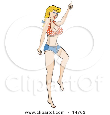 Sexy Blond Woman Wearing A Small Red And White Polka Dot Halter Top And Daisy Duke Blue Jean Shorts, Hitchhiking For A Ride Clipart Illustration by Andy Nortnik