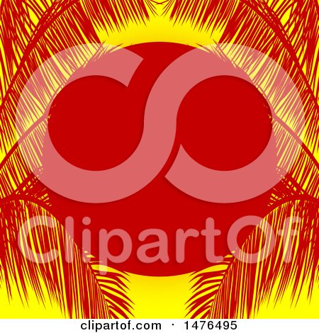 Clipart of a Red Silhouetted Sun and Palm Branches on Yellow - Royalty Free Vector Illustration by elaineitalia