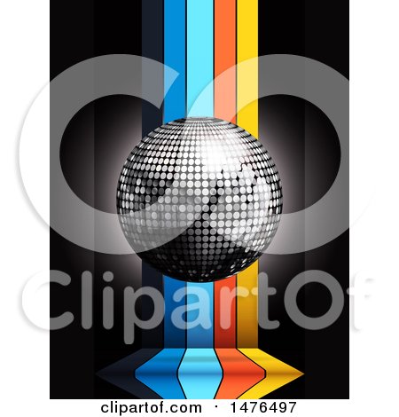 Clipart of a 3d Silver Disco Ball over Vertical Colorful Stripes on Black - Royalty Free Vector Illustration by elaineitalia