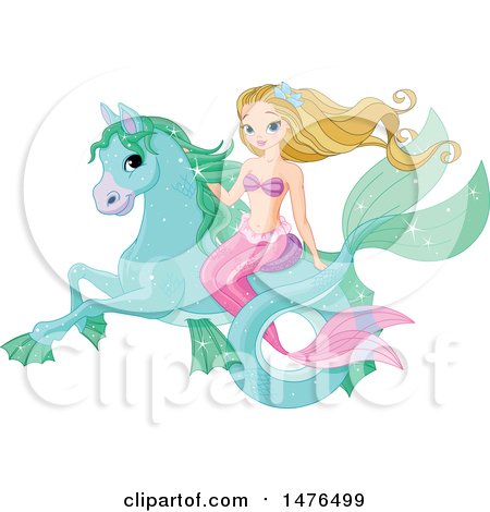 Clipart of a Mermaid Riding a Sea Horse - Royalty Free Vector Illustration by Pushkin