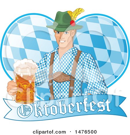 Clipart of a German Man Holding out a Beer over a Heart and Oktoberfest Banner - Royalty Free Vector Illustration by Pushkin