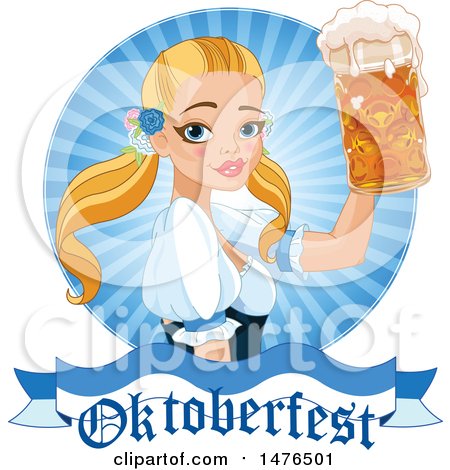 Clipart of a Blond Beer Maiden Holding up a Mug over an Oktoberfest Banner - Royalty Free Vector Illustration by Pushkin