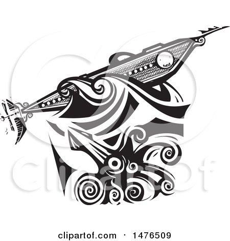 Clipart of a Woodcut Giant Squid Attacking a Steampunk Submarine, the Nautilus, Black and White - Royalty Free Vector Illustration by xunantunich