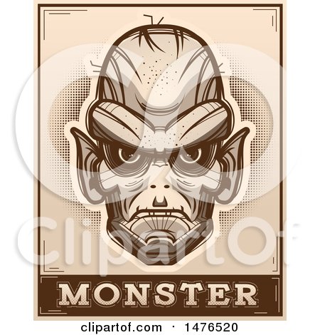 Clipart of a Goblin Head over a Monster Banner, in Sepia - Royalty Free Vector Illustration by Cory Thoman