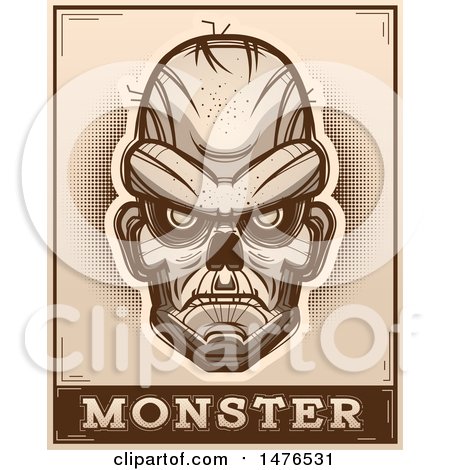 Clipart of a Zombie Head over a Monster Banner, in Sepia - Royalty Free Vector Illustration by Cory Thoman