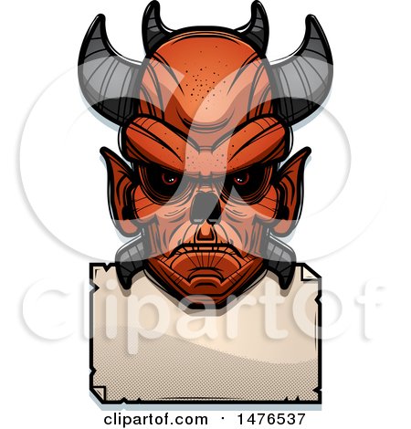 Clipart of a Demon Head over a Blank Sign - Royalty Free Vector Illustration by Cory Thoman