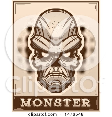 Clipart of a Ghoul Head over a Monster Banner, in Sepia - Royalty Free Vector Illustration by Cory Thoman
