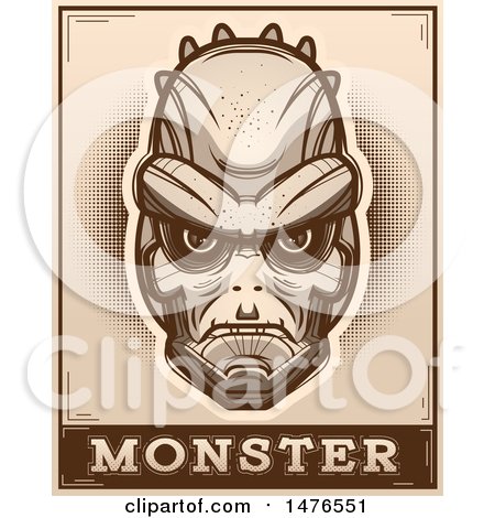 Clipart of a Lizard Man Head over a Monster Banner, in Sepia - Royalty Free Vector Illustration by Cory Thoman