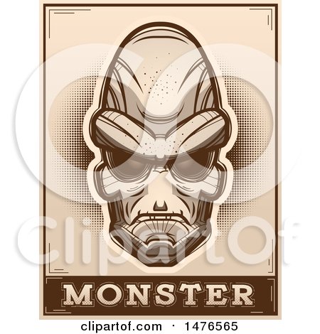 Clipart of an Alien Head over a Monster Banner, in Sepia - Royalty Free Vector Illustration by Cory Thoman