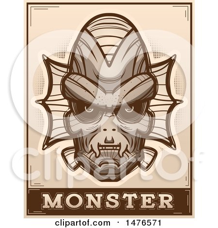 Clipart of a Creature Head over a Monster Banner, in Sepia - Royalty Free Vector Illustration by Cory Thoman