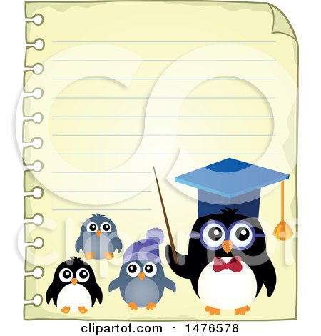 Clipart of a Professor Penguin with Students on a Sheet of Paper - Royalty Free Vector Illustration by visekart
