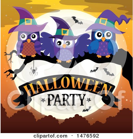 Clipart of a Halloween Party Design with Witch Owls - Royalty Free Vector Illustration by visekart