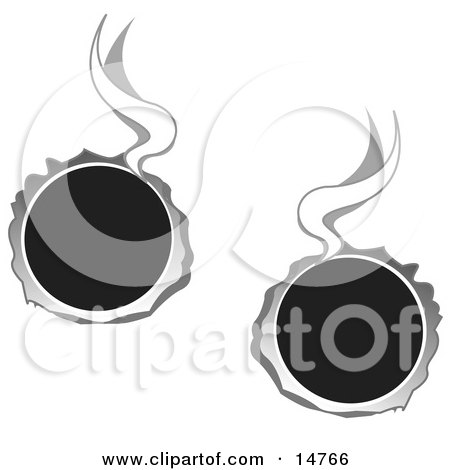 Two Hot Bullet Holes Through Metal, Smoking Clipart Illustration by Andy Nortnik