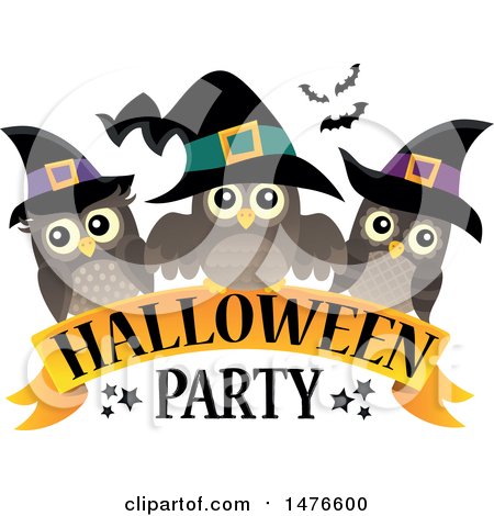 Clipart of a Halloween Party Design with Witch Owls - Royalty Free Vector Illustration by visekart