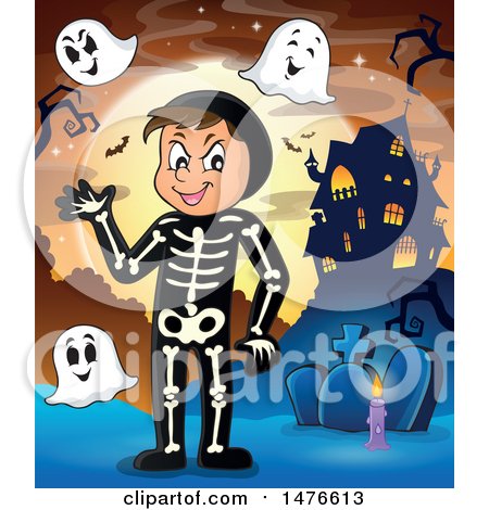 Clipart of a Man in a Skeleton Halloween Costume, with Ghosts - Royalty Free Vector Illustration by visekart