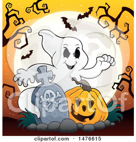 Clipart of a Halloween Jackolantern Pumpkin and Ghost by a Tombstone - Royalty Free Vector Illustration by visekart