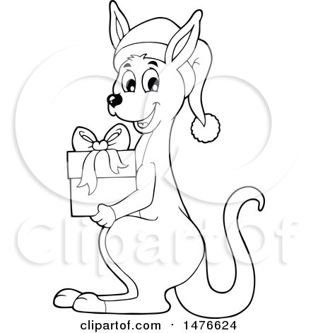 Clipart of a Christmas Kangaroo Holding a Gift Black and White - Royalty Free Vector Illustration by visekart