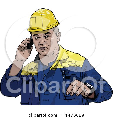 Clipart of a Male Worker Talking on a Cell Phone - Royalty Free Vector Illustration by dero