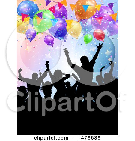Clipart of a Silhouetted Crowd Under Party Balloons - Royalty Free Vector Illustration by KJ Pargeter
