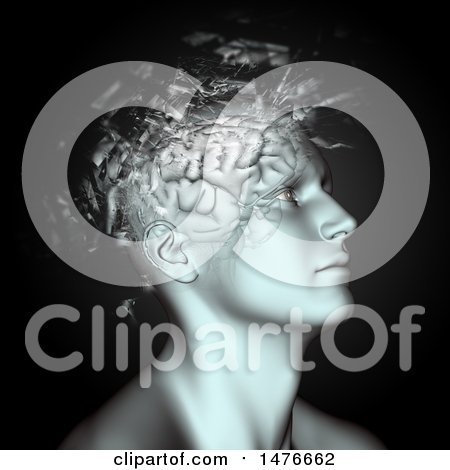 Clipart of a 3d Man with a Shattering Brain, on Black - Royalty Free Illustration by KJ Pargeter