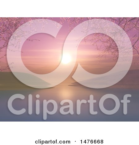 Clipart of a 3d Sunset with Cherry Tree Blossom Branches over a Bay - Royalty Free Illustration by KJ Pargeter