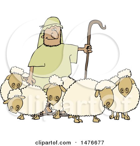 Clipart of a Shepherd Guarding His Sheep - Royalty Free Vector Illustration by djart