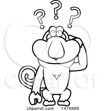 Clipart of a Confused Black and White Proboscis Monkey Scratching His Head - Royalty Free Vector Illustration by Cory Thoman