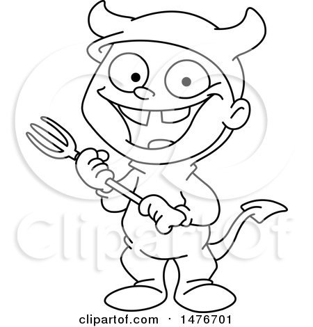 Clipart of a Lineart Boy in a Devil Costume - Royalty Free Vector Illustration by yayayoyo