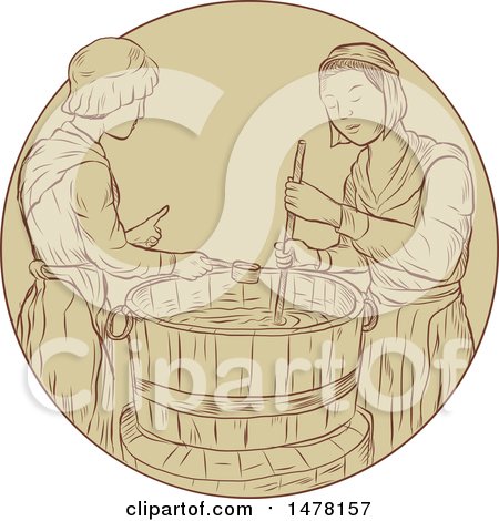 Clipart of Medieval Alewives Brewing Beer Ale in Vat in Sketch Style - Royalty Free Vector Illustration by patrimonio