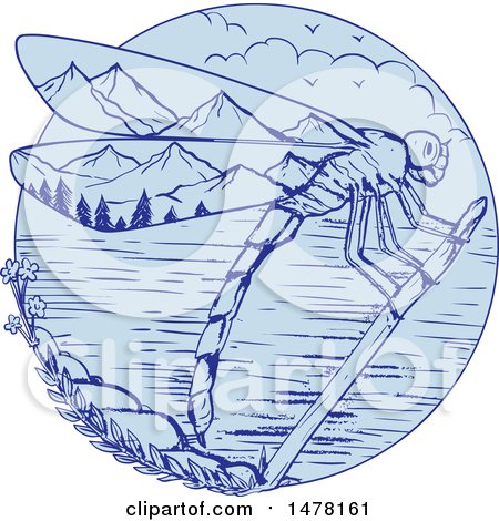 Clipart of a Dragonfly over a Mountainous Lake Scene, in Sketch Style - Royalty Free Vector Illustration by patrimonio