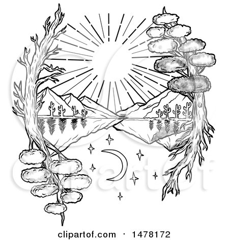 Clipart of a Tattoo Styled Day and Night Landscape with Trees Framing a Lake and Mountains, on a White Background - Royalty Free Illustration by patrimonio