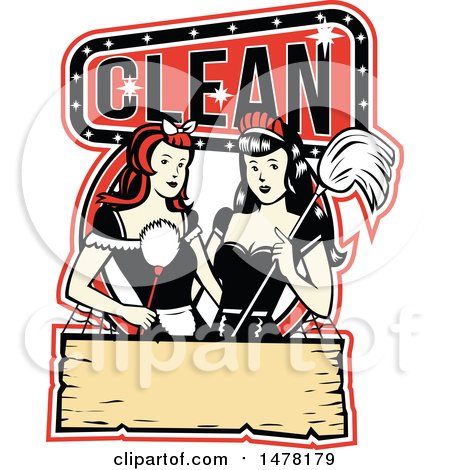 Clipart of a Pair of Maids with a Mop and Duster in a Clean Design - Royalty Free Vector Illustration by patrimonio