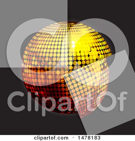 Clipart of a 3d Gold Disco Ball with Semi Transparent Squares on Black - Royalty Free Vector Illustration by elaineitalia