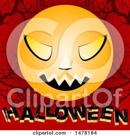 Clipart of a Creepy Scary Faced Moon over Halloween Text on Red, with Bare Branches - Royalty Free Vector Illustration by elaineitalia