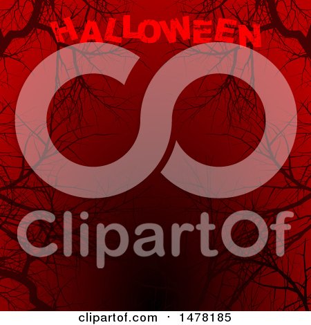 Clipart of a Background of Black Bare Tree Branches on Red, with Halloween Text - Royalty Free Vector Illustration by elaineitalia