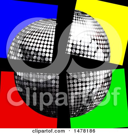 Clipart of a 3d Silver Disco Music Ball in Split up Colorful Squares on Black - Royalty Free Vector Illustration by elaineitalia