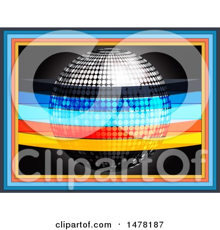 Clipart of a 3d Silver Disco Music Ball with Colorful Stripes and Frames - Royalty Free Vector Illustration by elaineitalia