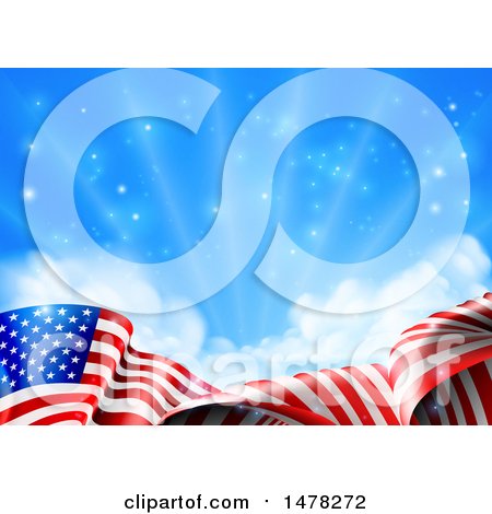 Clipart of a Rippling American Flag Under Blue Sky with Sunshine - Royalty Free Vector Illustration by AtStockIllustration