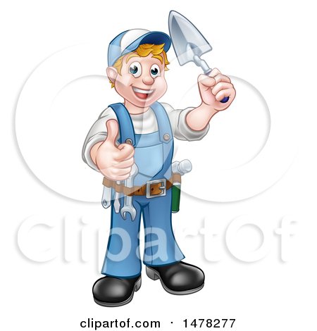Clipart of a White Male Mason Worker Holding a Trowel and Giving a Thumb up - Royalty Free Vector Illustration by AtStockIllustration