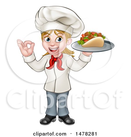 Clipart of a Cartoon Happy White Female Chef Holding a Kebab on a Tray and Gesturing Perfect - Royalty Free Vector Illustration by AtStockIllustration
