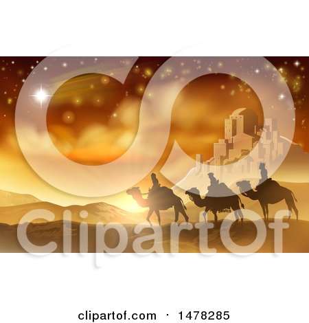 Clipart of a Shooting Star of David over the Wise Men and Bethlehem - Royalty Free Vector Illustration by AtStockIllustration