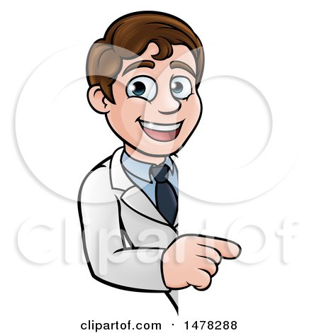 Clipart of a Happy White Male Scientist Pointing Around a Sign - Royalty Free Vector Illustration by AtStockIllustration