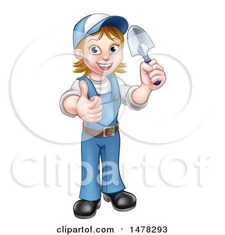 Clipart of a Cartoon Full Length Happy White Female Gardener in Blue, Holding a Garden Trowel and Giving a Thumb up - Royalty Free Vector Illustration by AtStockIllustration
