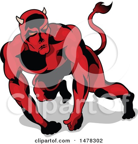 Clipart of a Muscular Red Devil on All Fours - Royalty Free Vector Illustration by dero