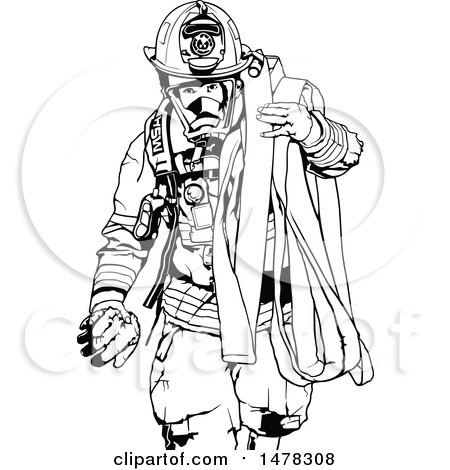 Clipart of a Black and White Fireman Carrying a Hose - Royalty Free Vector Illustration by dero